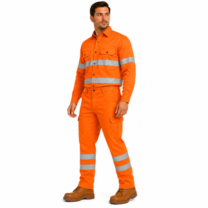 High Quality Men Industry Wear Button <b>Down</b> Shirt Cargo <b>Trousers</b> Uniform Set High Visibility Band Workwear Reflective Safety Wear - Product Image 5