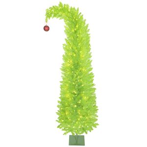 Sapin de Noël fantaisie à sommet incurvé de 7 pieds, pré-éclairé avec 250 lumières LED, design sapin crayon, boules rouges, base métallique, décorations de Noël - Product Image 1