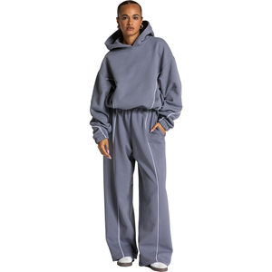 Premium Winter Printed Casual <b>Acid</b> Wash Hooded Piping Contrast <b>Drop</b> Shoulder Hidden Pocket Wide Leg Open Sweatpants Loose Fit - Product Image 1