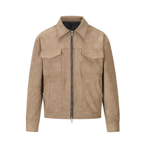 Veste en cuir de travail zippée de haute qualité pour homme avec poches, col rabattu, doublure en coton, coupe classique, style automne - Product Image 1