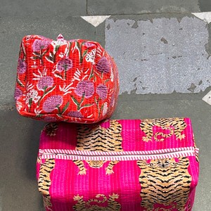Pink Tiger Print Quilted Cosmetic Bag Large Bohemian Style Textile Zipper Closure Multi-Function Organizer - Product Image 5