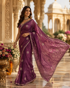 Purple Embroidered Silk <b>Saree</b> <b>Women</b> | Handcrafted Zari Border | Vintage Style | Floor-Length | Festival Wedding Party Wear | - Product Image 1