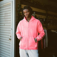 Sudadera con capucha de invierno para hombre, personalizada con pedrería y cremallera, bordado desgastado, estilo oversize, lavado ácido, streetwear, 100% algodón, forro de punto
