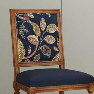 Luxury Handcrafted Solid Wood Dining Chair Square Leaf Print Backrest Navy Blue Upholstered <b>Seat</b> - Product Image 2