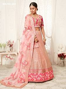 Conjunto de Lehenga-Choli en rosa rubor con diseño en A y detalles de red suave, hilo, lentejuelas, Dori y Zari, de proveedor de la India. - Product Image 6