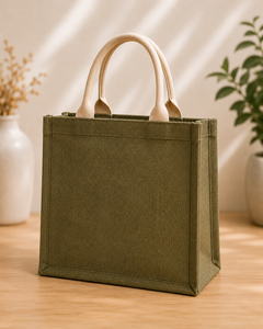 Jute Shopping <b>Bag</b> Green With <b>White</b> Floral Print Medium Size Top Handle Daily Use - Product Image 4