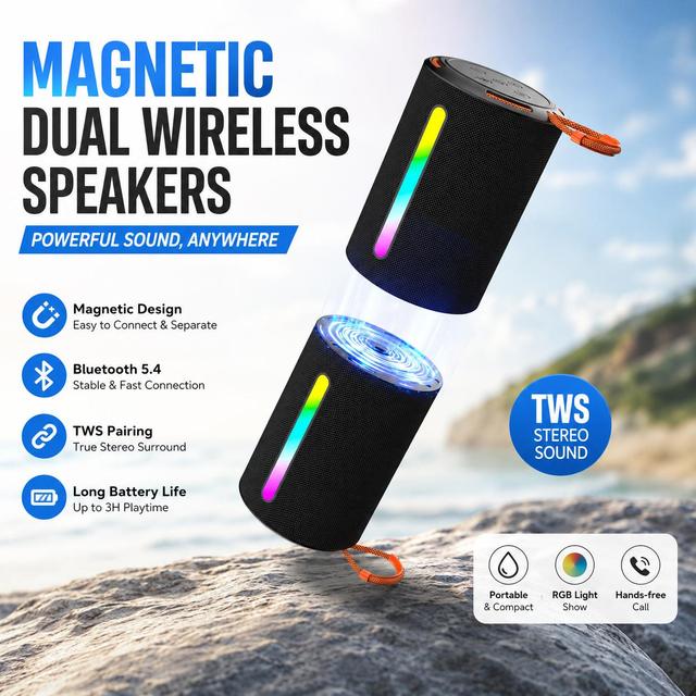Dual Split Magnetic TWS Waterproof Portable BT Speaker RGB Lights Home & Outdoor Use Battery-Powered for Parties & Home Theatre