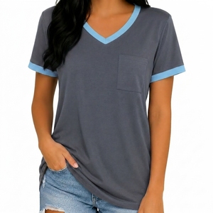 T-shirt gris col en V pour femme 200 % coton, coupe décontractée ample, manches courtes, anti-plis, avec bordure bleue et poche, idéal pour la saison chaude - Product Image 2