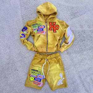 Ensemble de survêtement streetwear deux pièces pour homme, veste d'été et short, avec broderie effet usé et délavé soleil, sweat à capuche zippé - Product Image 4