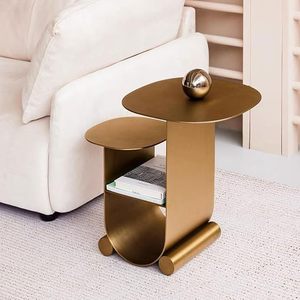 Luxury Gold 304 Stainless Steel End <b>Table</b> Double Round Top with Storage Shelf for Living Room - Product Image 4