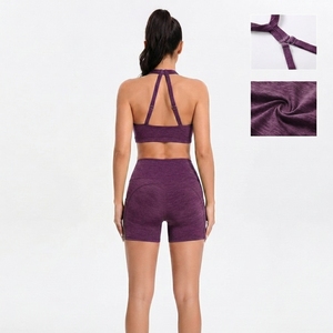 Ensemble de yoga pour femmes : haut court à col halter et short taille haute ajusté, tenue de sport extensible - Product Image 2