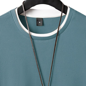 Chemise à manches longues en tricot gaufré pour homme, bleu uni, col rond, pull décontracté, bordure contrastée, doux et confortable, à porter tous les jours, tendance - Product Image 5