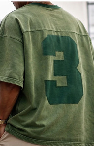 Customized Letter Men's T-Shirt Yarn Dyed Knitted <b>Acid</b> Wash Print Vintage Heavyweight Cotton 180g Loose Streetwear <b>Drop</b> Shoulder - Product Image 5