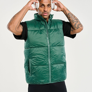 Men's Green Stand Collar Puffer Vest Windproof Solid Color Casual Winter Outerwear Polyester <b>Wadding</b> Regular Fit - Product Image 1