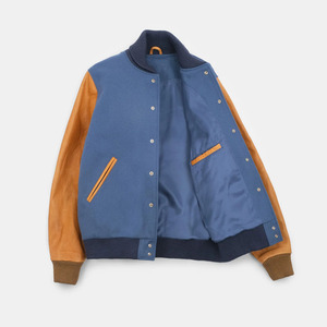 Chaqueta Varsity Azul para Hombre con Mangas de Cuero Marrón, Parche Bordado con Caracteres en la Parte Delantera, Ropa Casual de Otoño - Product Image 2