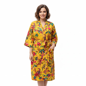 Robe kimono en coton bleu turquoise style bohème |   Robe de chambre à manches longues et col en V pour femme |   Robe longue avec cordon de serrage et poche avant, modèle maître - Product Image 2