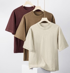 T-shirt élégant pour homme, col rond, manches courtes, tricoté, 160g, coupe classique, couleur unie, vintage, respirant, idéal pour l'été - Product Image 2