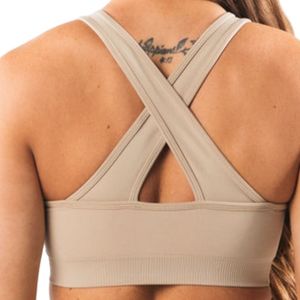 Beige Women's <b>Cross</b> Strap Sports Bra Lightweight Athletic Crop <b>Top</b> for Exercise Yoga Gym Running Fitness Training - Product Image 4