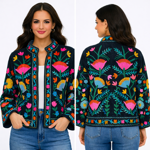 Floral Embroidered Knitted Women's Boho Chic Spring Style Full Sleeve Quilted Reversible Velvet Bomber <b>Jacket</b> Cotton Outerwear - Product Image 2