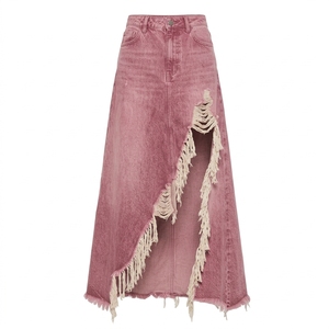 Jupe longue en jean vintage délavé taille haute pour femme, coupe droite, décontractée, avec rivets, respirante, écologique, 100 % coton - Product Image 2
