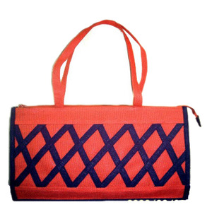 Red jute Fabric Tote <b>Bag</b> With Diamond Lattice Pattern Zipper Closure Hand Length Handle <b>Medium</b> <b>Size</b> Daily Use - Product Image 4