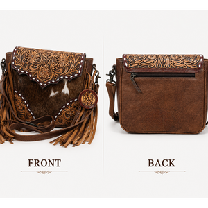 Sac bandoulière en cuir véritable repoussé à la main avec franges style western, sac à main en cuir de vachette pour femme, motif floral - Product Image 2