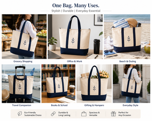 AMANI Canvas <b>Tote</b> <b>Bag</b> Cream Navy <b>Zipper</b> Closure Minimalist Design Travel Shopping <b>Bag</b> - Product Image 4