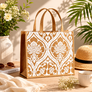 Sac fourre-tout de luxe en jute imprimé pour le shopping, les voyages, les courses – Sac à main écologique réutilisable – Collection Premium Utilitaire Quotidienne - Product Image 2