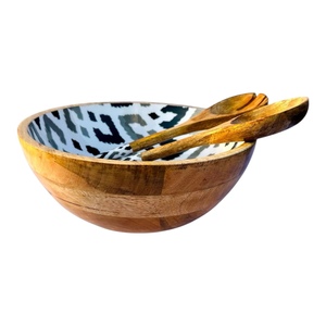 Handmade Classic Wooden <b>Salad</b> <b>Serving</b> <b>Bowl</b> with Enamel Lining and Blue Floral Pattern for Home Parties - Product Image 4