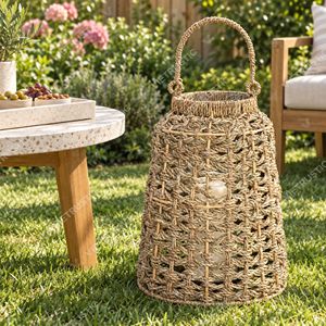 Farol de mimbre mediterráneo, portavelas colgante de cuerda, faroles de jardín, portavelas de cristal, luz decorativa para interiores - Product Image 5