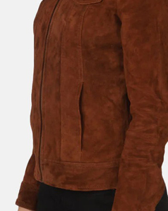 Veste en daim marron de qualité supérieure pour femmes, style trucker, manches longues, fermeture éclair, col rabattu, style automne, longueur normale - Product Image 5