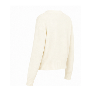 2026 Women's Cream Crew Neck Pullover Knit Sweater Full Sleeve Casual Solid Color Pocket Design Autumn Wear - Product Image 2