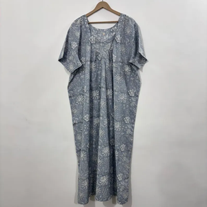 Vestido Kaftán de Algodón Indio con Cuello en V, Estilo Boho, Hecho a Mano con Estampado de Bloques, Corte Holgado y Evase para Mujer - Product Image 2