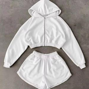 Latest Wholesale High Quality Custom Made Womens Cotton Spandex Casual Solid Breathable Crop Hoodie Shorts <b>Set</b> Zip for Wear - Product Image 1