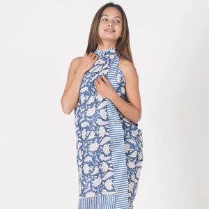 Hand Block Printed Sky Blue Floral Cotton Sarong - Product Image 1
