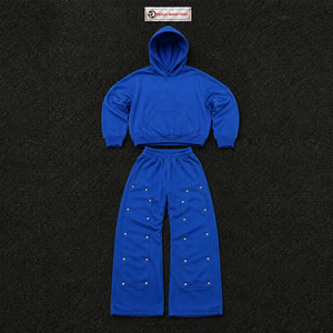 Ensemble survêtement bleu oversize pour homme, streetwear, sweat-shirt à capuche, pantalon cargo jogger, molleton de coton épais, décontracté, urbain - Product Image 5