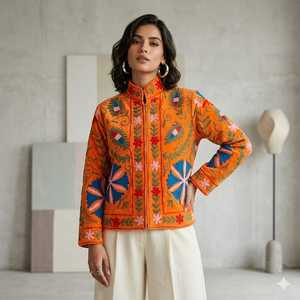 Suzani Embroidered Quilted Knitted Velvet Bomber <b>Jacket</b> Handcrafted Floral Boho Statement Wear Full Sleeve Eco-Friendly Autumn - Product Image 2