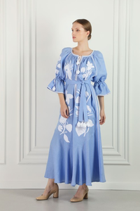 Vestido largo bohemio bordado para mujer, vestido largo de verano de algodón con cuello redondo y manga corta, bordado floral étnico - Product Image 3