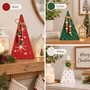 Ensemble de 3 figurines de Noël triangulaires en bois faites à la main, rouge, vert, blanc, pour décoration de table rustique des fêtes - Product Image 3