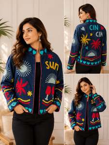 Veste bomber en velours côtelé brodée à la main, col mandarin, manches longues, fermeture éclair, style vacances d'été, veste pour femme - Product Image 4