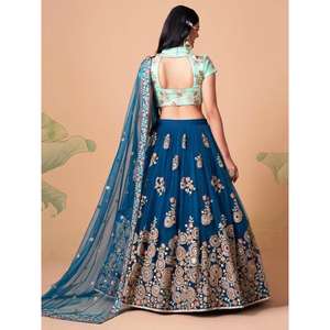 Espectacular Dove Blue Mirror Work Net Event Wear Lehenga Choli - Product Image 3