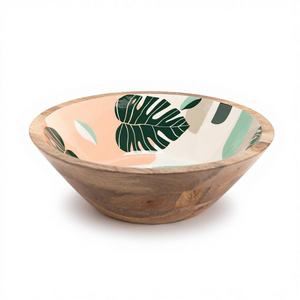Introducing the Exquisite Handcrafted <b>Wooden</b> Decorative Bowl Featuring Vibrant Tropical Monstera Leaf Patterns <b>Set</b> Against Soft - Product Image 6