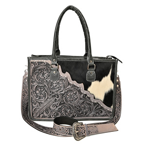 Western Cowhide Leather Tote Bag With Floral Tooled Design 16 Inch Adjustable <b>Shoulder</b> <b>Strap</b> For Women - Product Image 1