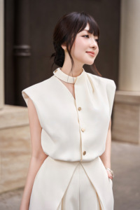 Chemisier asymétrique structuré à manches courtes pour femme, col roulé, panneau drapé effet écharpe, boutonnage frontal, coupe ajustée, style bureau, ODM - Product Image 4