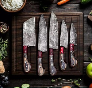 Damascus Steel Kitchen <b>Knife</b> <b>Set</b> 5-Piece Wooden Handle Hand Forged Chef <b>Knives</b> Traditional Style - Product Image 1