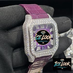 ICE LOOK Luxury Square Quartz Watch With Diamond Bezel Purple Leather Band Date Display Stainless Steel Case 38mm Unisex - Product Image 3