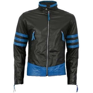Men's Black Leather Motorcycle <b>Racing</b> <b>Jacket</b> with Blue Stripe - Product Image 1