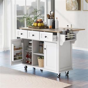 5 Wheels Kitchen Island with Rubber Wood Drop Leaf Countertop Cabinet Door Internal Storage Racks Kitchen Cart - Product Image 2