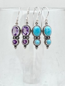Boucles d'oreilles Bali en argent sterling avec double pierre améthyste et larimar, bijoux artisanaux en pierres précieuses, cadeau élégant pour femme, vente en gros - Product Image 4