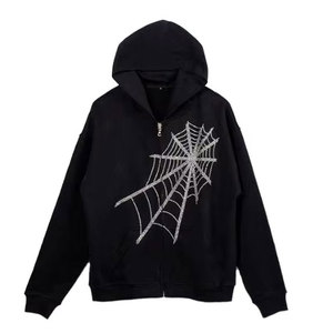Sweat à capuche Wearpex Spider Web Rhinestone 100% coton molletonné pour homme et femme, fermeture éclair noire, style streetwear oversize unisexe, bling, luxe, hip-hop - Product Image 2